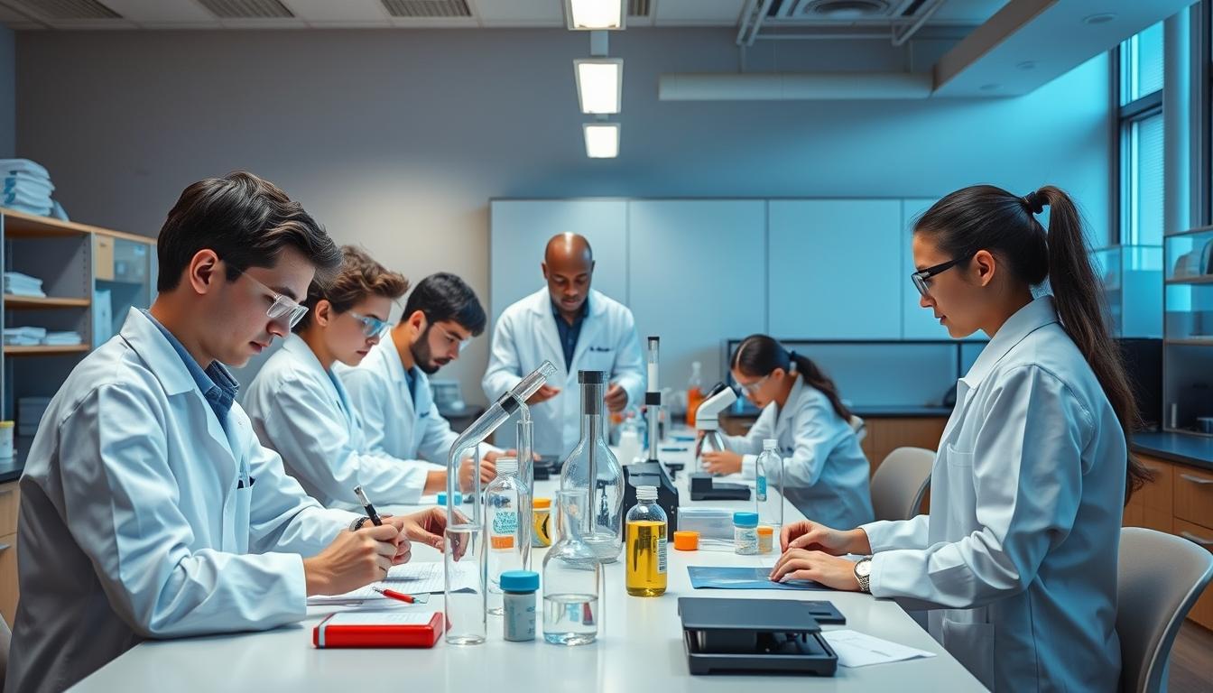 Students studying together in modern classroom